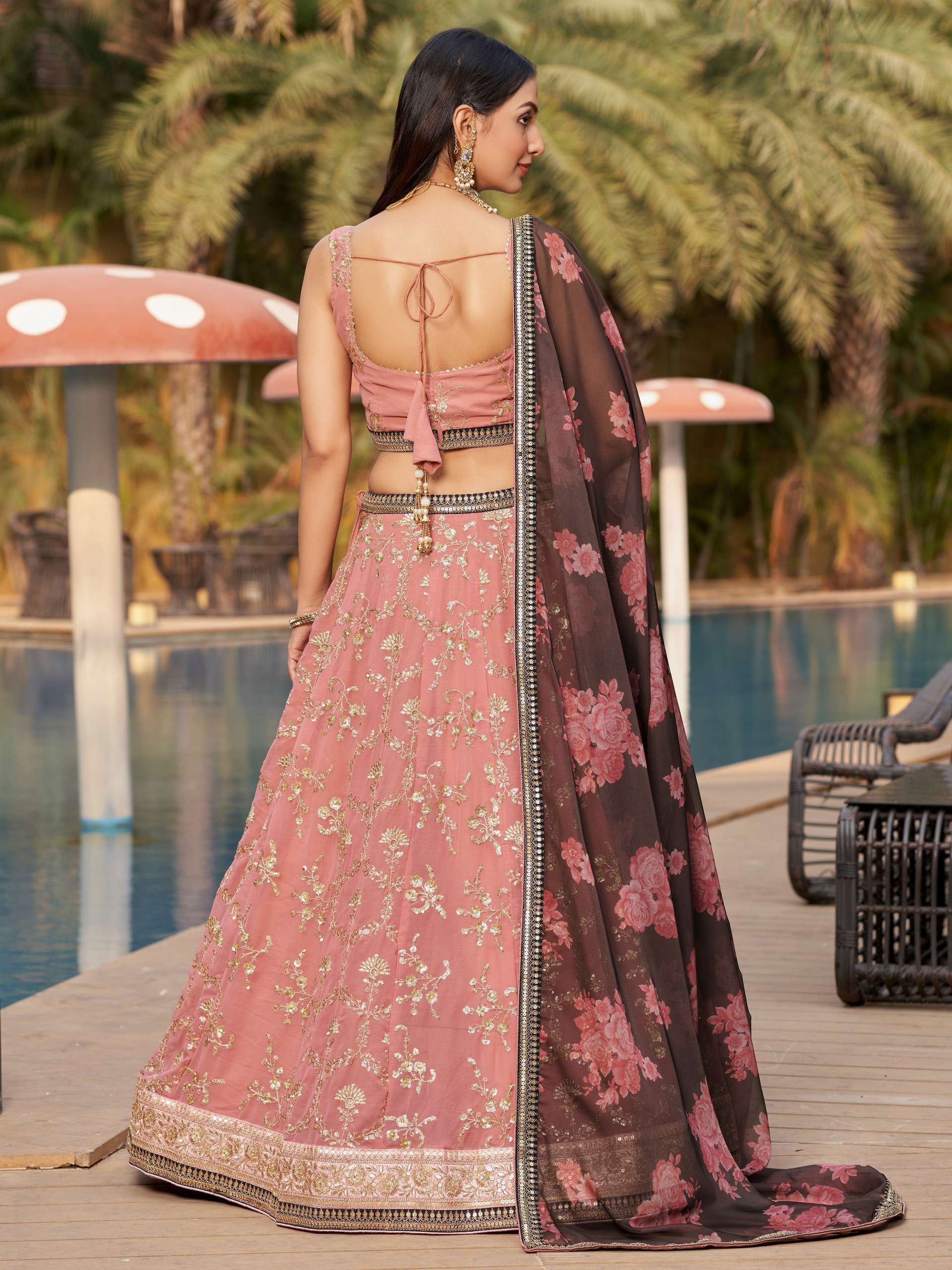  Rosewood Blush colour with Floral work on Georgette Elegance fabric Lehenga Choli wholesale in surat  8005 Pink 